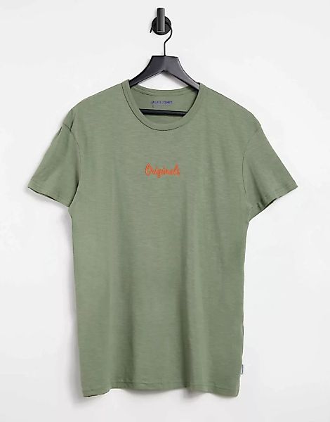 Jack & Jones – Originals – T-Shirt in Grün mit neonfarbenem Logo günstig online kaufen