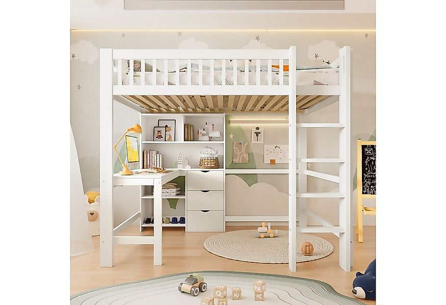 Odikalo Hochbett 90x200 140x200 Kinderbett Jugendbett mit Schreibtisch & Bü günstig online kaufen