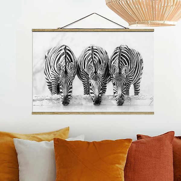 Stoffbild Tiere mit Posterleisten - Querformat Zebra Trio schwarz-weiß günstig online kaufen