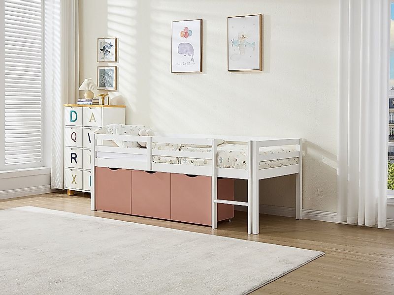 Halbhohes Bett 90 x 190 cm – Mit Stauraum – Kiefer & MDF – Weiß/Rosa – LANI günstig online kaufen