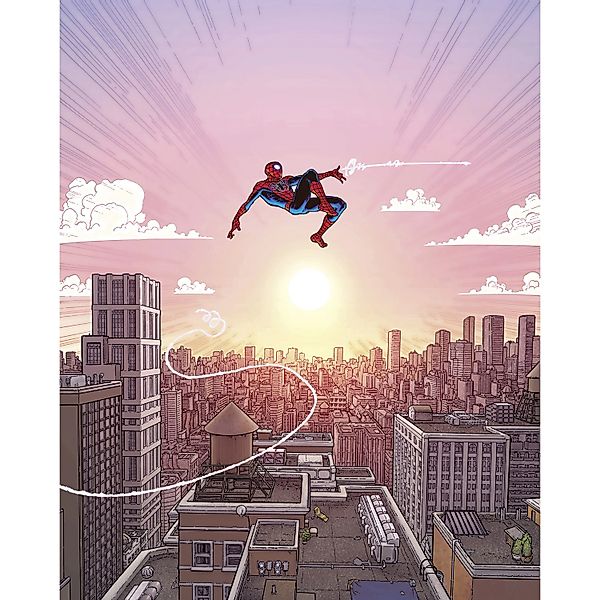 Komar Vlies Fototapete Marvel Spider-Man Swinging Through The Air Rosa günstig online kaufen