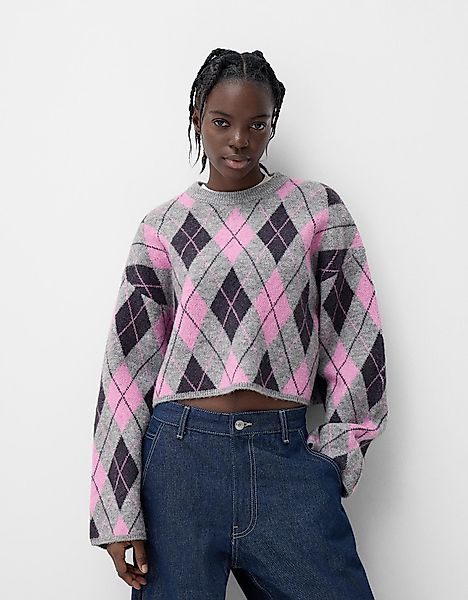 Bershka Jacquard-Pullover Mit Rautenmuster Damen M Rosa günstig online kaufen