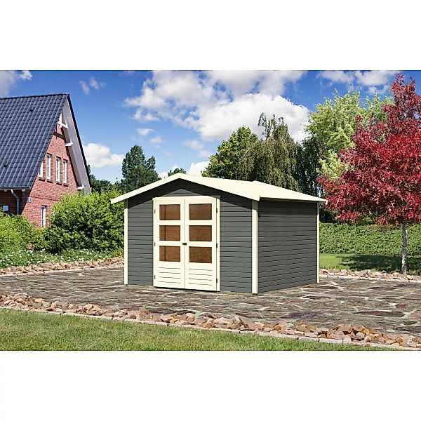Karibu Holz-Gartenhaus Amberg Terragrau Satteldach Lackiert 302 cm x 242 cm günstig online kaufen