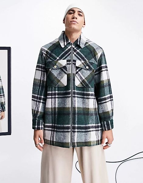 ASOS DESIGN – Oversize-Hemdjacke aus Wollmischung in Grün kariert mit lange günstig online kaufen