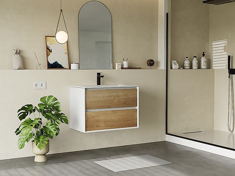 Waschbeckenunterschrank hängend mit Einbauwaschbecken - Holzfarben hell & W günstig online kaufen