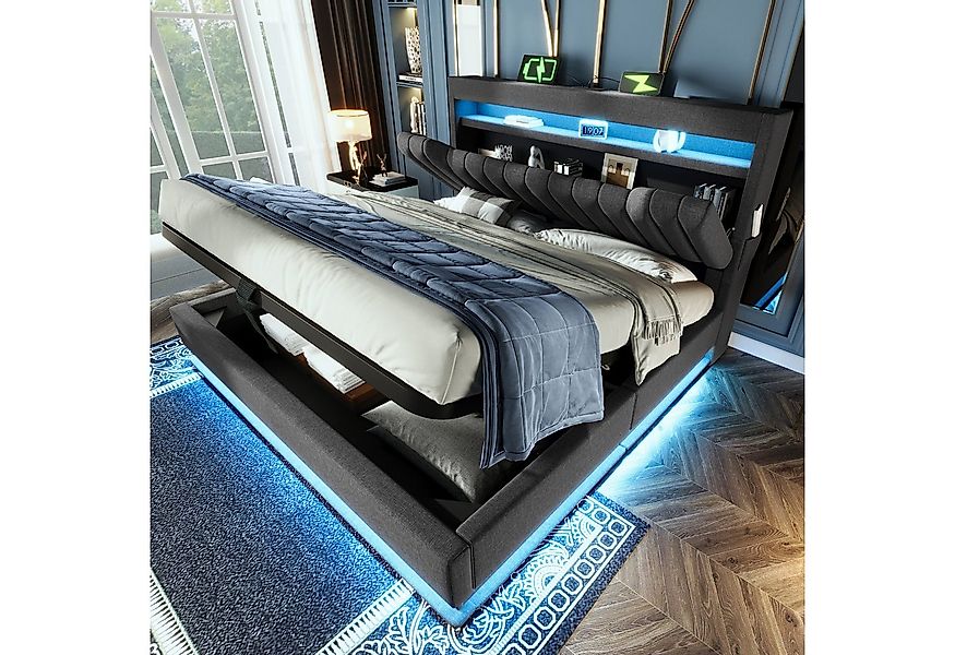 Flieks Polsterbett, hydraulisches Stauraumbett 160x200cm mit LED und Ladefu günstig online kaufen