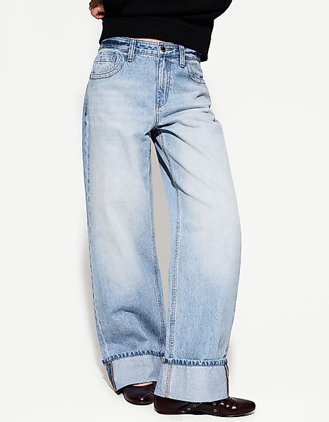 Bershka Wide-Leg-90'S-Jeans Mit Umgeschlagenem Saum Damen 38 Hellblau günstig online kaufen