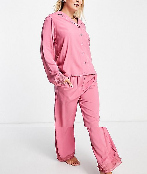 Night – Baumwoll-Pyjama in Rosa mit Rüschenbesatz günstig online kaufen