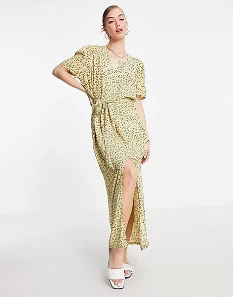 Selected – Kleid mit Knopfleiste und Taillenschnürung in Gelb günstig online kaufen