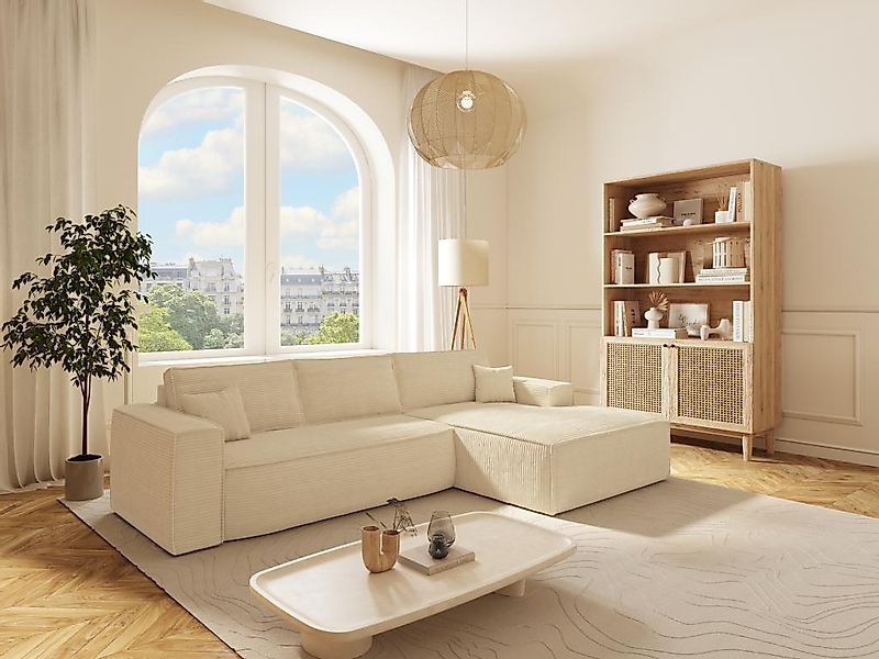 Eckschlafsofa mit Matratze - Ecke rechts - Cord - Beige - Liegefläche 140 c günstig online kaufen
