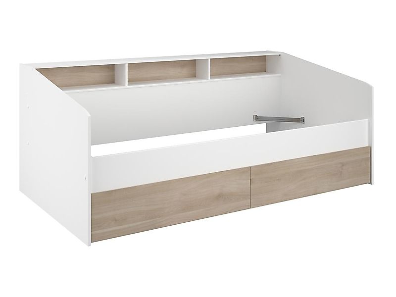 Bett mit Stauraum - 90 x 190/200 cm- Weiß & Holzfarben - PAULETTE günstig online kaufen