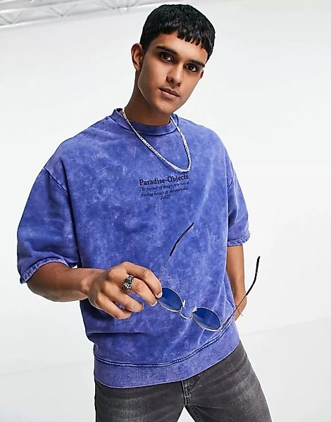 ASOS DESIGN – Kurzärmliges Oversize-Sweatshirt in blauer Acid-Waschung mit günstig online kaufen