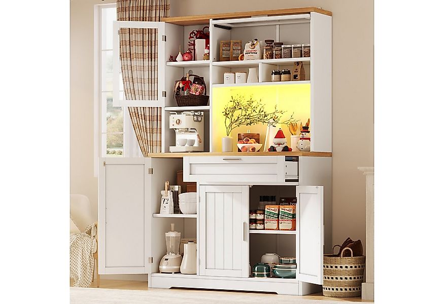 Flieks Küchenbuffet Hochschrank mit LED-Beleuchtung, Glastüren und Schublad günstig online kaufen