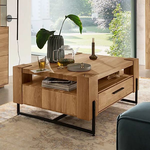 Echtholztisch Wohnzimmer aus Wildeiche Bügelgestell günstig online kaufen