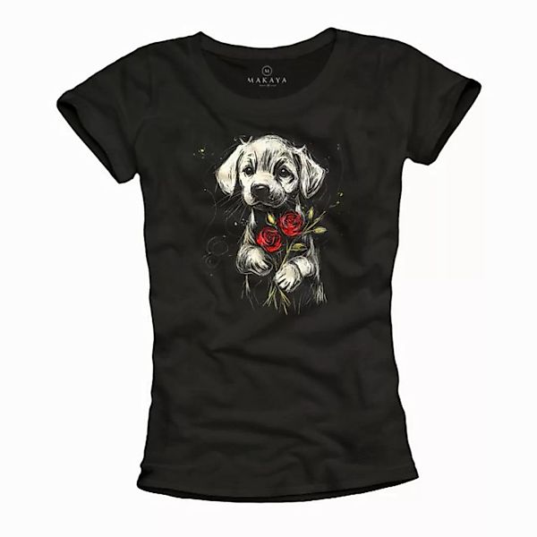 MAKAYA Print-Shirt mit Hundemotiv Damen Top Blumen Hund Kurzarmshirt Schwar günstig online kaufen