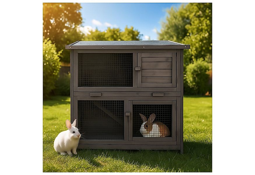HTI-Living Kleintierstall Hasenstall aus Holz in Grau mit aufklappbarem Dac günstig online kaufen