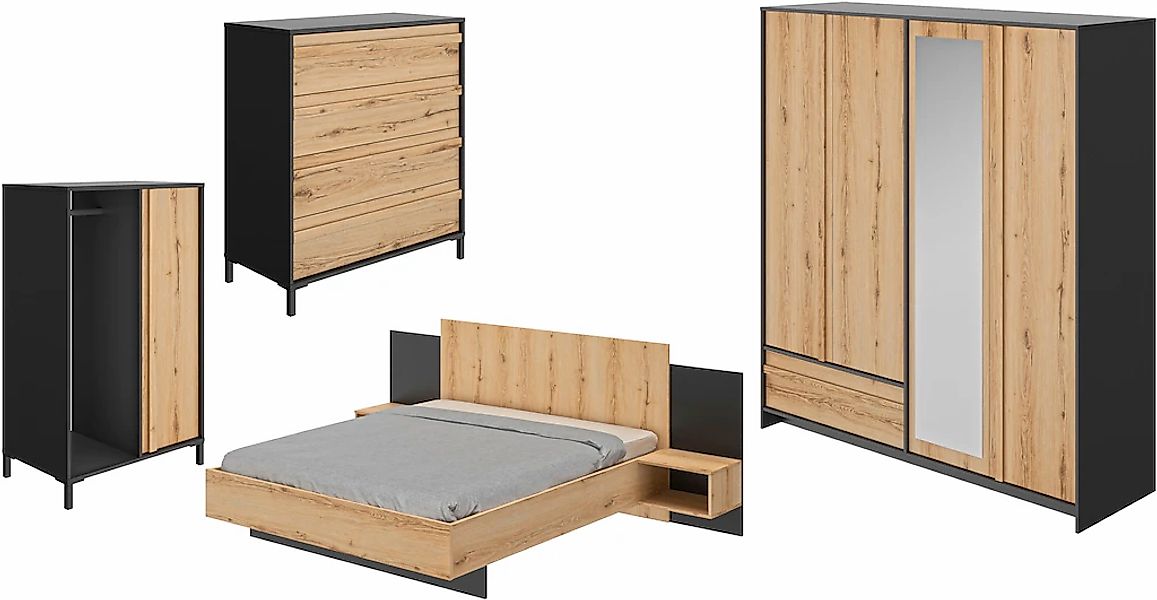 Gami Schlafzimmer-Set "Mimizan" Bett, 2x Nachttische, Kleiderschrank, Kommo günstig online kaufen