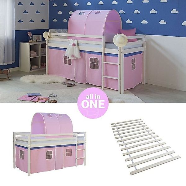 Homestyle4u Hochbett Kinderbett mit Leiter und Vorhang Weiß Rosa Holz Kiefe günstig online kaufen