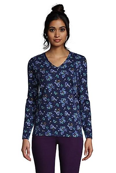 Supima Langarm-Shirt mit V-Ausschnitt, Damen, Größe: L Normal, Blau, Baumwo günstig online kaufen