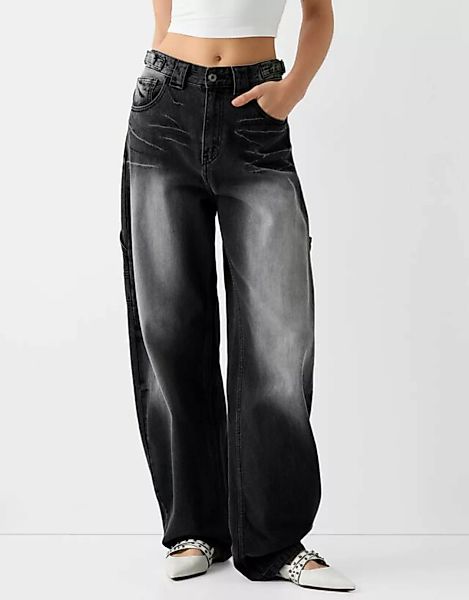 Bershka Wide-Leg Workwear-Jeans Mit Balloon Fit Damen 36 Schwarz günstig online kaufen