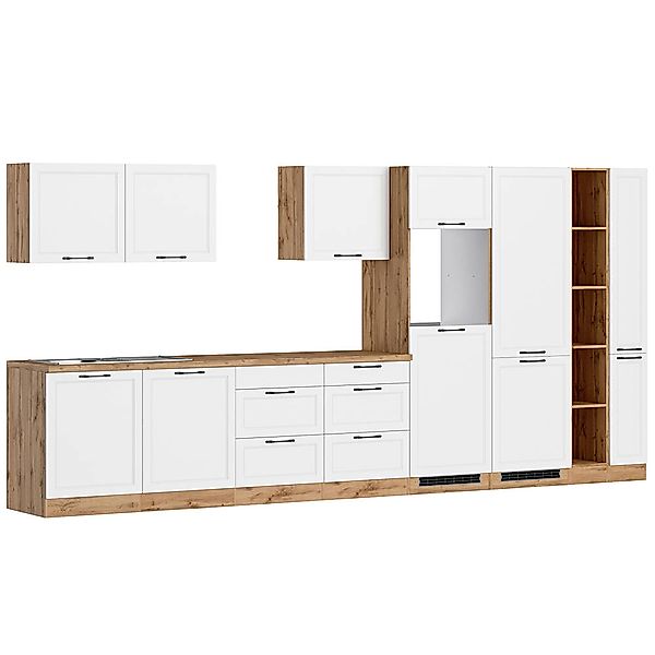 Küchenzeile 420 cm in weiß und Eiche, Arbeitsplatte in Eiche, MONTERREY-03 günstig online kaufen