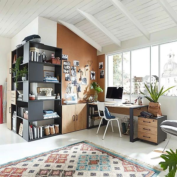 Büromöbel Set in modernem Design Hickory Holzoptik & Anthrazit (siebenteili günstig online kaufen