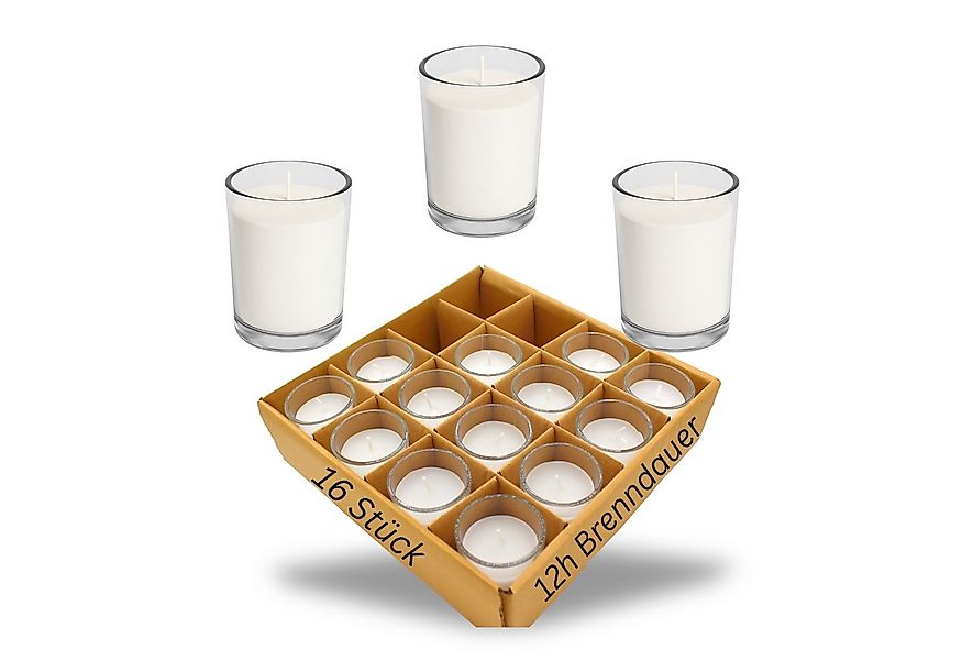 Candelo Teelicht 16 Glaskerzen in Weiß ohne Duft, 12Std. Brenndauer Votiv K günstig online kaufen