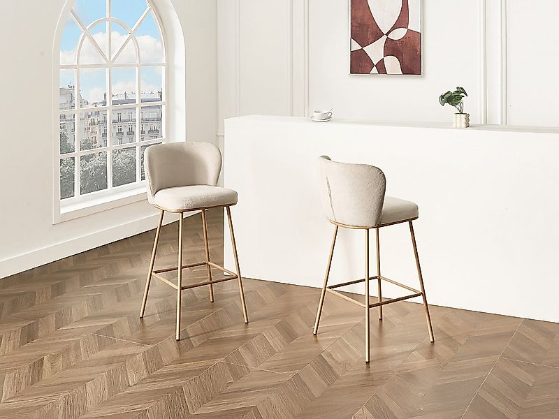 Barhocker 2er-Set – strukturierter Stoff & Metall in Holzoptik – Beige und günstig online kaufen
