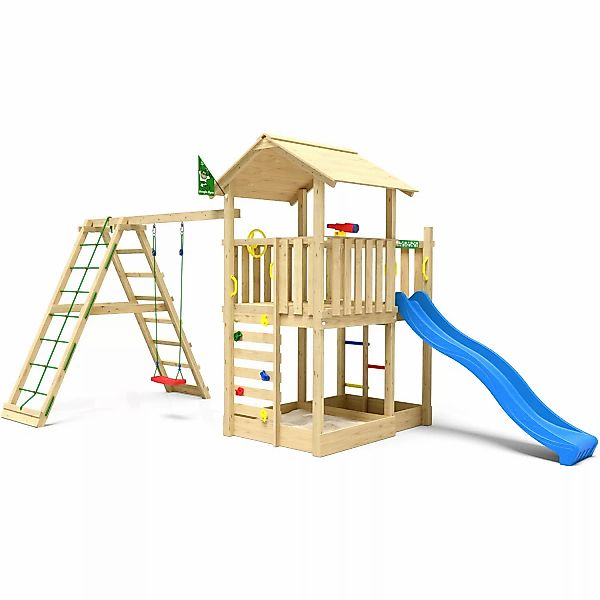 Jungle Gym Spielturm Chateau Holz m. Schaukel Kletterbock und Rutsche Blau günstig online kaufen