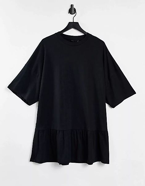 ASOS DESIGN – Oversized T-Shirt-Kleid in Schwarz mit Rüschensaum günstig online kaufen