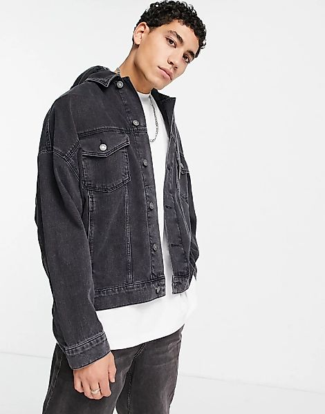 ASOS DESIGN – Oversize-Jeansjacke in verwaschenem Schwarz mit Jersey-Kapuze günstig online kaufen