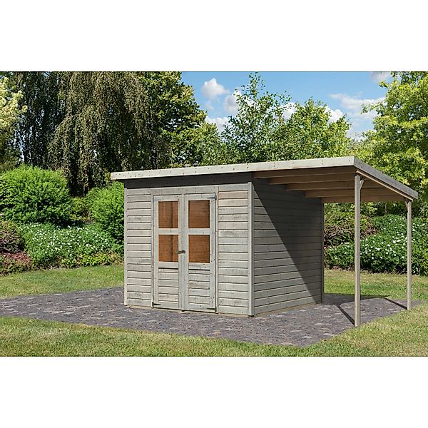 Karibu Gartenhaus Vellinge 6 m. Anbaudach Vorvergraut 219 x 238 x 240 cm günstig online kaufen