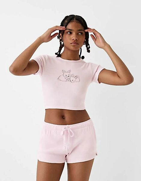 Bershka T-Shirt Aus Waffelgewebe Mit Kurzen Ärmeln Damen Xs Rosa günstig online kaufen