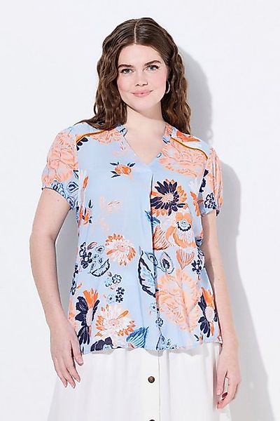 Ulla Popken Tunika Tunika Blüten Stehkragen V-Ausschnitt Halbarm günstig online kaufen