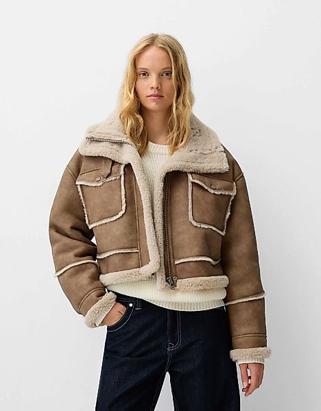 Bershka Doubleface-Kunstlederjacke Damen M Camel günstig online kaufen