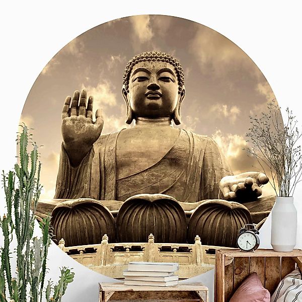 Runde Fototapete selbstklebend Großer Buddha Sepia günstig online kaufen