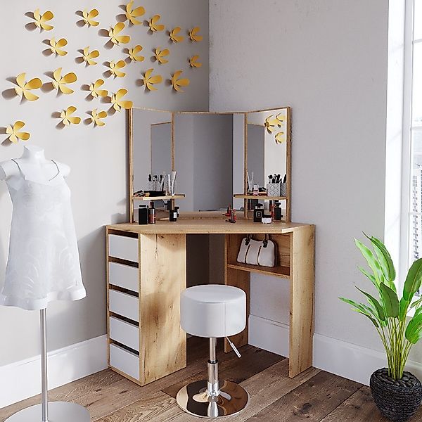 Vicco Eckschminktisch Arielle Goldkraft Eiche 110 cm mit Hocker günstig online kaufen