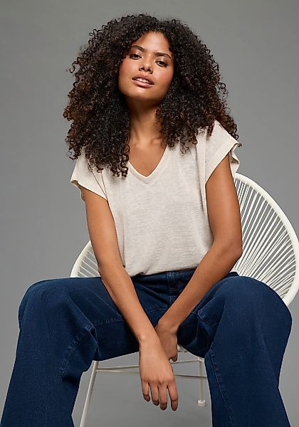 Laura Scott T-Shirt in strukturierter Leinen-Optik mit V-Ausschnitt günstig online kaufen