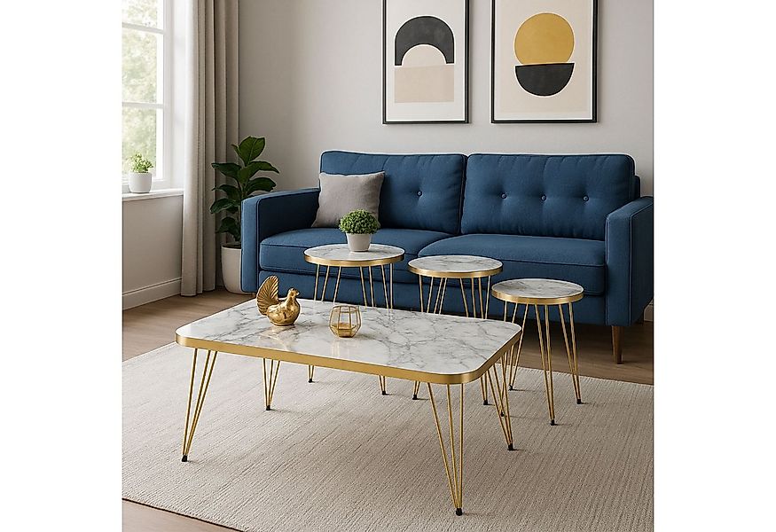 Jungengel Couchtisch Marmor 4-Teilig Beistelltisch Wohnzimmer Tisch Goldges günstig online kaufen
