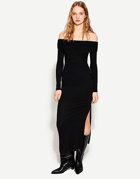 Bershka Midikleid Mit Carmen-Ausschnitt Damen Xs Schwarz günstig online kaufen