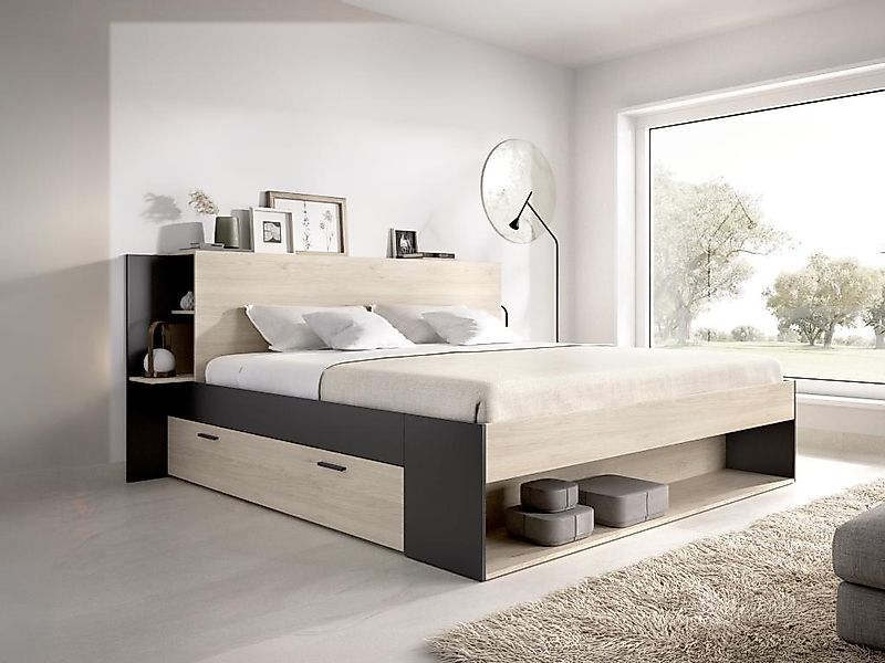 Bett mit Stauraum - 140 x 190 cm - Holzfarben & Schwarz - KEROSIA günstig online kaufen