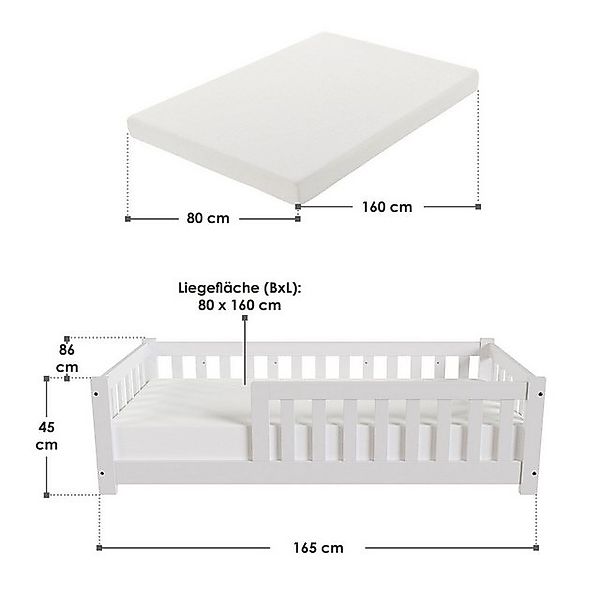 Juskys Kinderbett Naya, 80x160 cm Bodenbett, Holz, mit Matratze, Rausfallsc günstig online kaufen