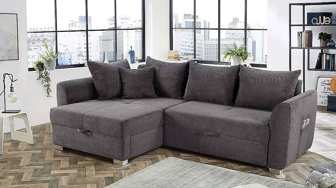Massivart® Ecksofa BOOMER Cord grau / 236 cm, Cordsofa / Bettfunktion / Bet günstig online kaufen