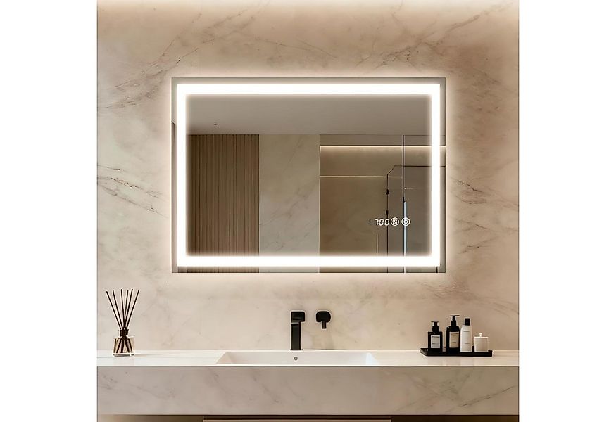 TLGREEN Badspiegel mit Beleuchtung und Uhr,LED Spiegel mit 3 Lichtfarben di günstig online kaufen