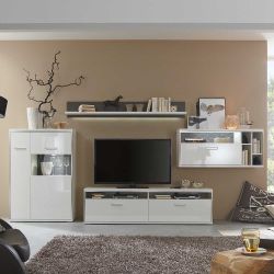 Hochglanz Wohnwand mit LED Beleuchtung 380 cm breit (vierteilig) günstig online kaufen