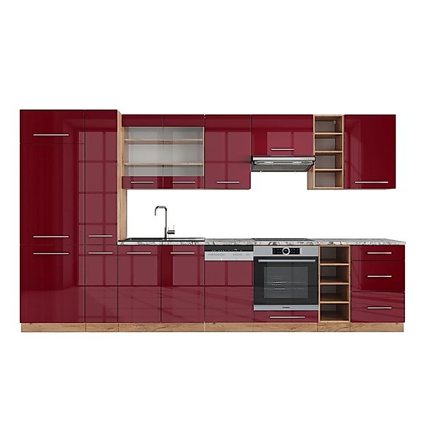 Vicco Fame-Line Küchenzeile Bordeaux Hochglanz/Goldkraft Eiche 355 cm AP Ma günstig online kaufen