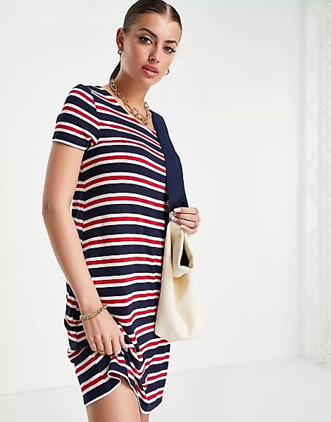 Only – Bera – Kurzärmliges Jersey-Kleid mit Rückenschnürung in Rot und Blau günstig online kaufen