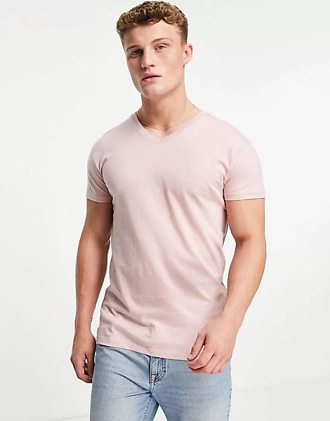 Topman – T-Shirt in Rosa mit klassischer Passform und V-Ausschnitt günstig online kaufen