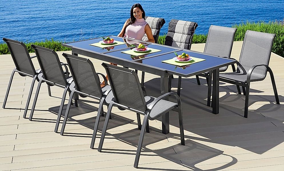 MERXX Garten-Essgruppe Amalfi, TOPSELLER!, (9-tlg., 8 Stapelsessel, 1 Auszi günstig online kaufen