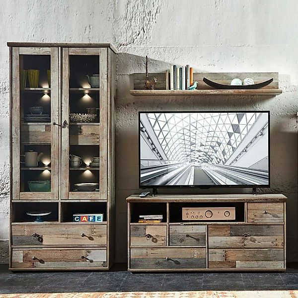 TV Wohnwand Mediamöbel Driftwood braun BRANSON-36 Vitrine mit LED, Lowboard günstig online kaufen